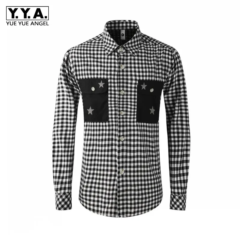 

2021 New Autumn Men Plaid Cotton Shirt Crystal Stars Colors Mixed Casual Tops Male Single Breasted Long Sleeve Shirts Camisas