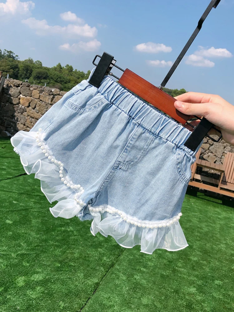 

Джинсовые шорты для девочек, летние кружевные брюки для девочек, детская одежда, джинсовые шорты с завышенной талией для девочек 3-8 лет