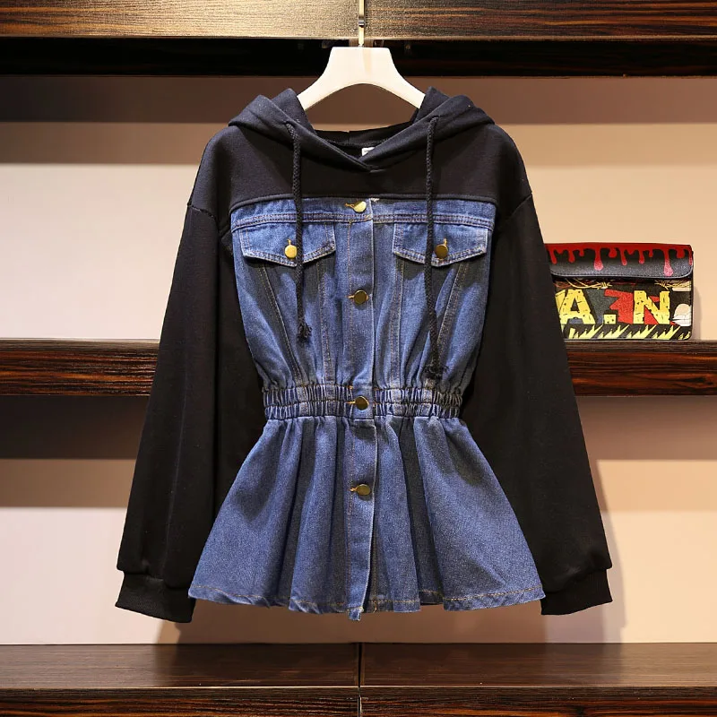 Женская джинсовая Толстовка составного кроя с капюшоном и поясом на