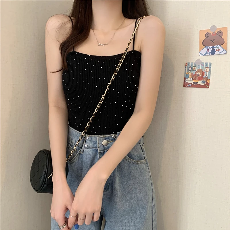 Однотонные эластичные майки с заплатками и бриллиантами женские модные