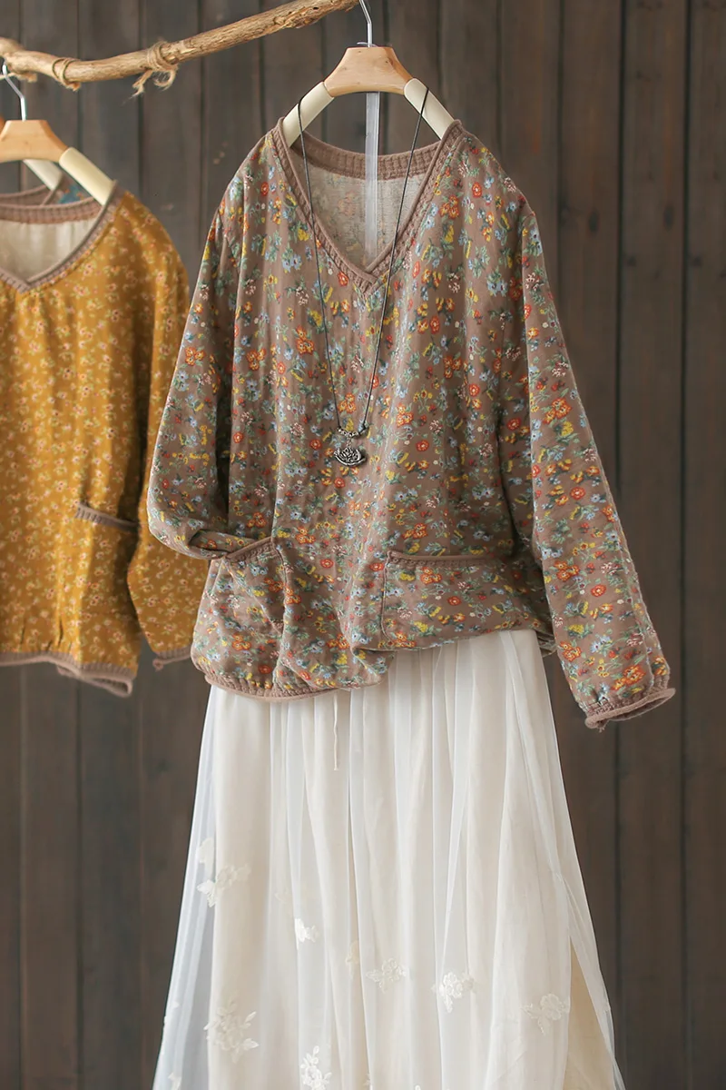 Винтажная футболка из хлопка и льна с цветочным принтом повседневная женская