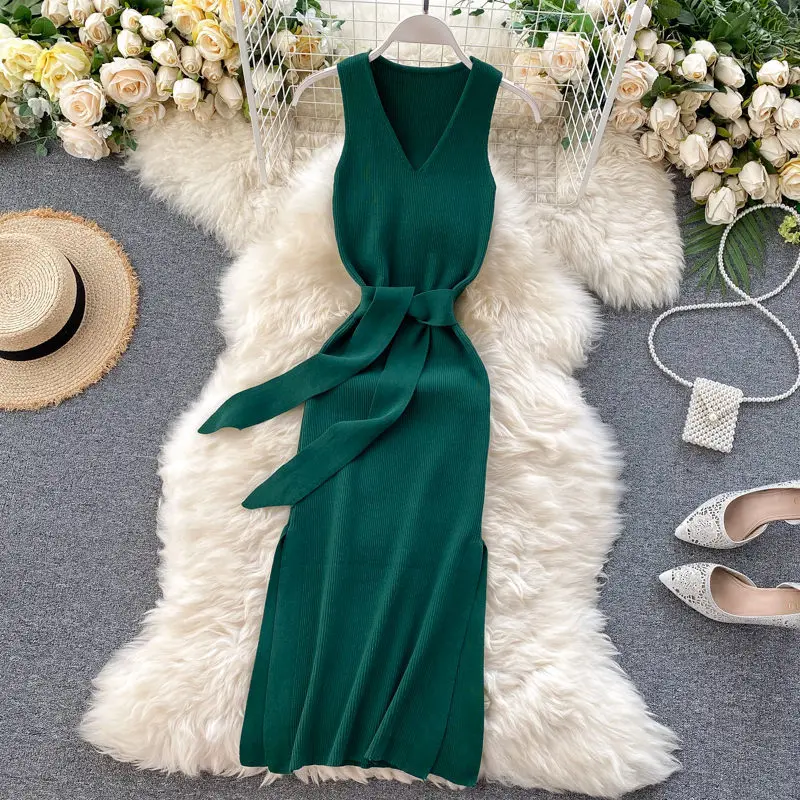 LUOSHA женское летнее трикотажное платье слип без рукавов пуловеры облегающее