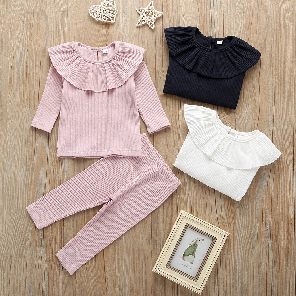 Toddler Baby Girl Clothes Knitted Ruffle Tops Long Sleeve Pure Color T-Shirt Leggings Pants Outfits 2Pcs Set Autumn Clothing | Детская