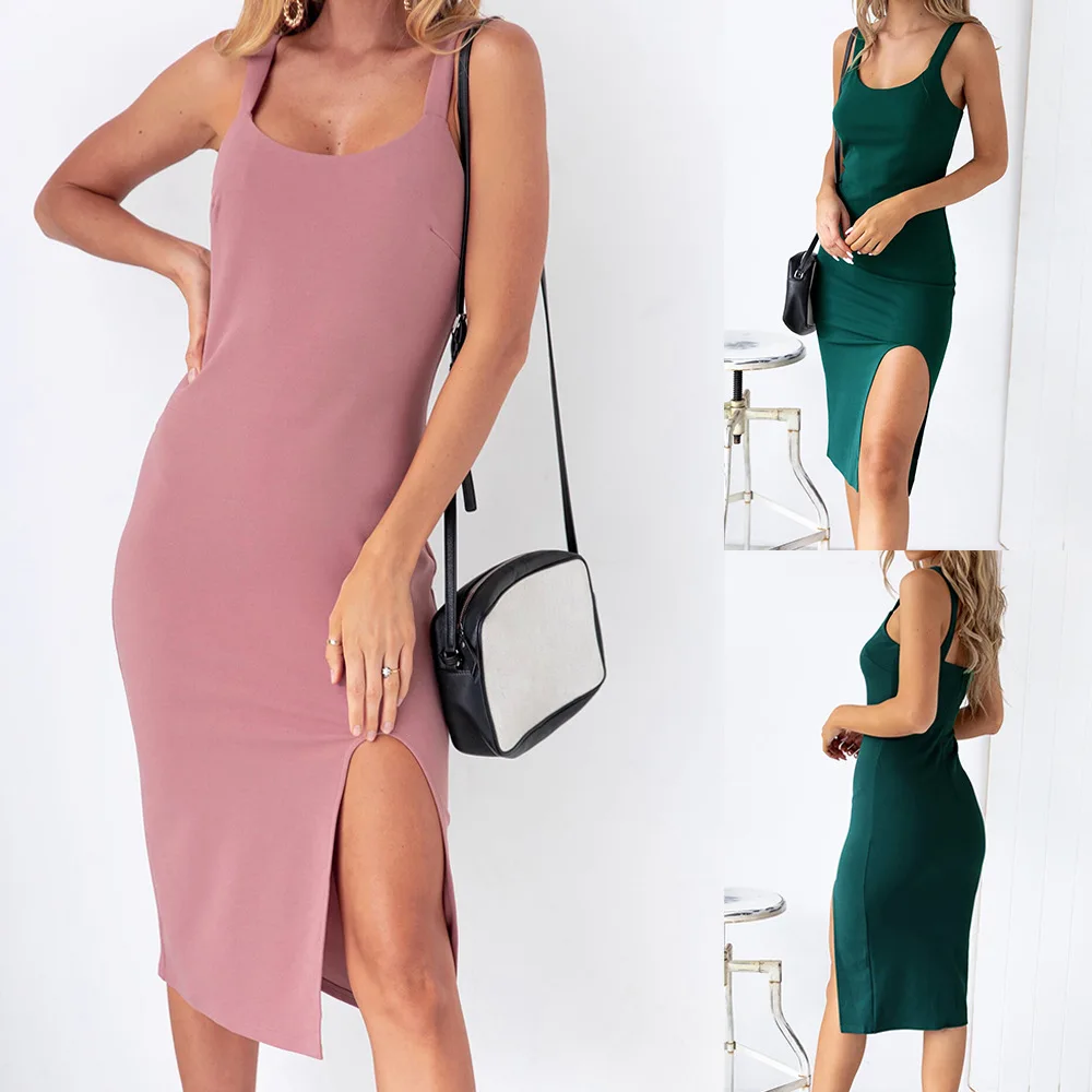 

Women Straight Dresses Sleeveless O-Neck Solid Color Dress Ladies Split Slim Party Knee-Length Dress Package Hip Summer Dress