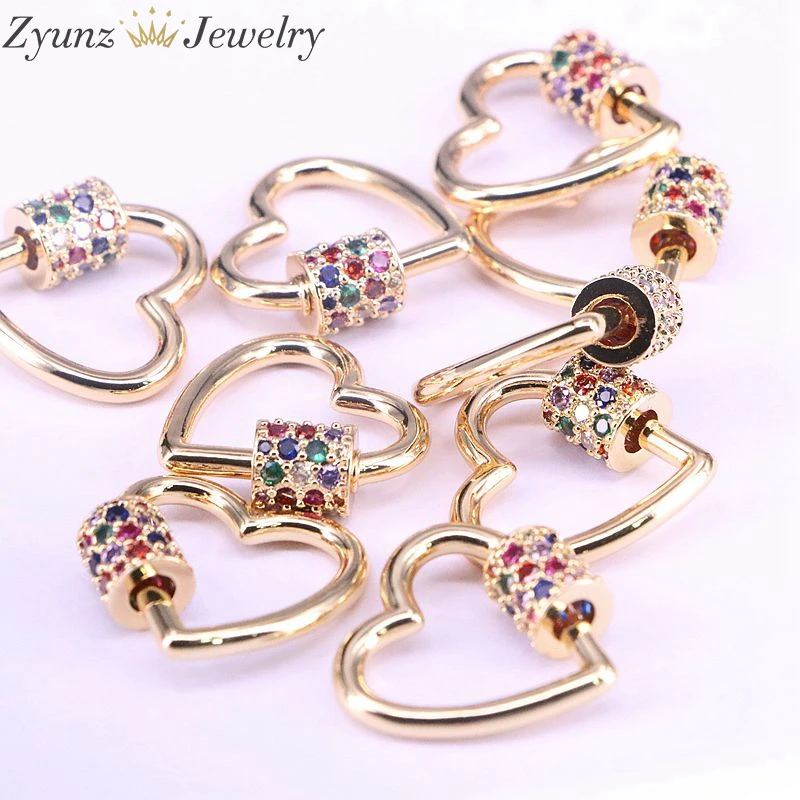 

5PCS, Colorful CZ Micro Pave Crystal Zirconia Clasp Lock Carabiner Pave Lock Heart Shaped Jewelry Findings