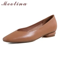 meotina natural genuine leather women shoes low heel pumps square toe shallow glove footwear block heels shoes spring green 40