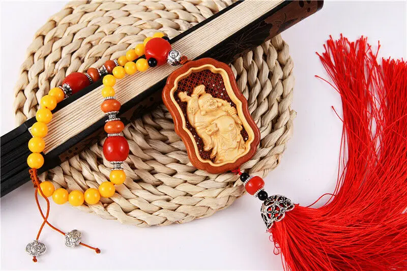 

Hollow Out Inlay Wood Carving Chinese Cloth Bag Monk Sculpture Amult Car Pendant