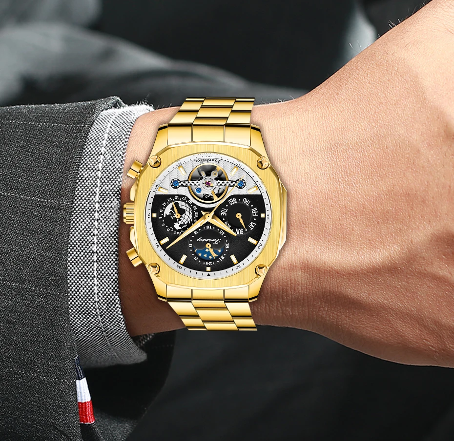 FORINING брендовые модные автоматические механические часы мужские часы Moon phase Tourbillon часы для мужчин s подарки часы Relogio Masculino