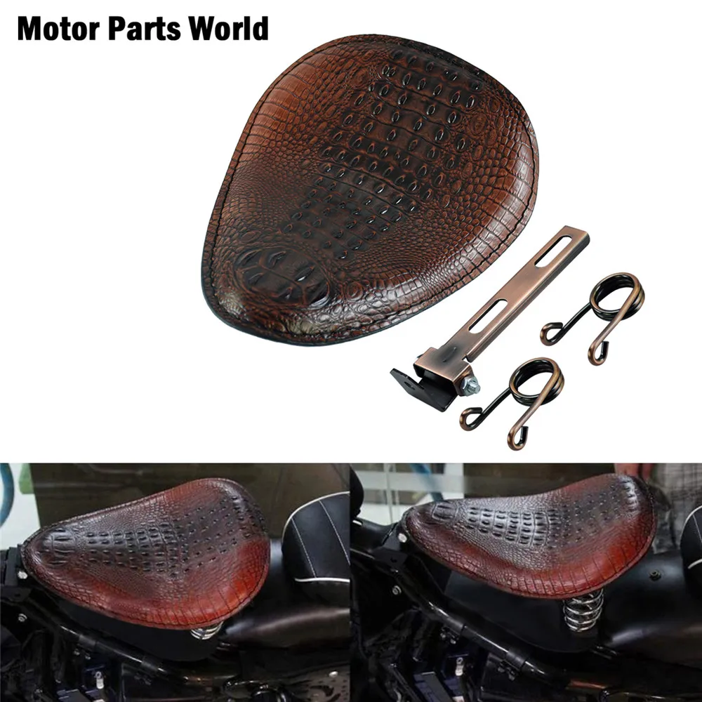 Motorcycle Brown Crocodile leather Solo Driver Seat w/ Spring For Harley Chopper Bobber Custom Touring Sportster XL Dyna Fatboy