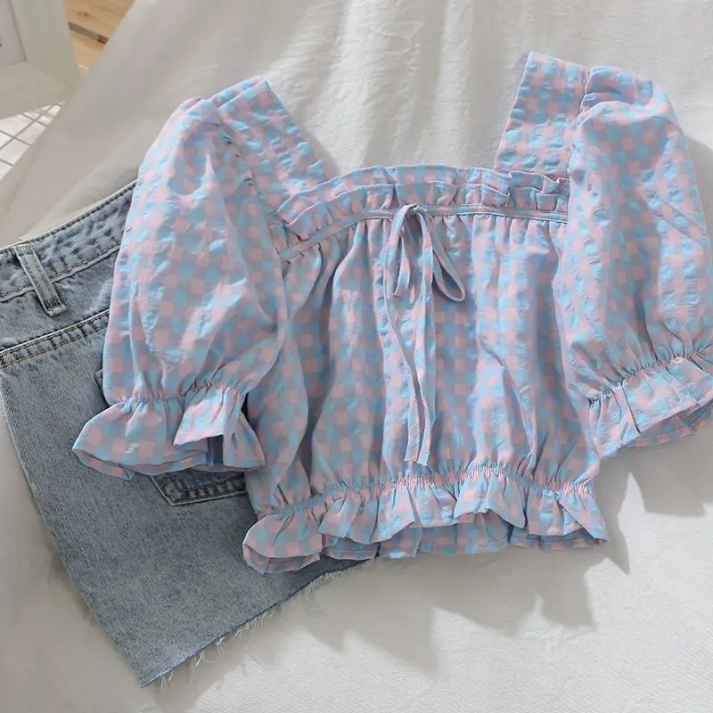 

Blouses Women Korean Style BM Slim Trendy Popular Leisure Teenager Hot Summer Square Collar Chic Summer College Crop Top Plaid