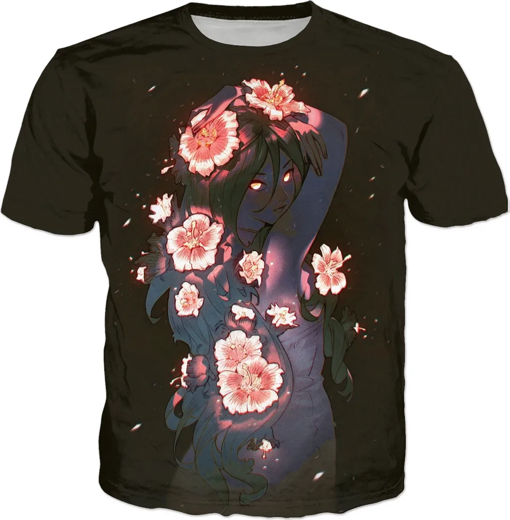 

Beautiful Floral Anime Design Hip Hop Outwears Shirts Homme Slim Fit Fitness Undershirts 5XL