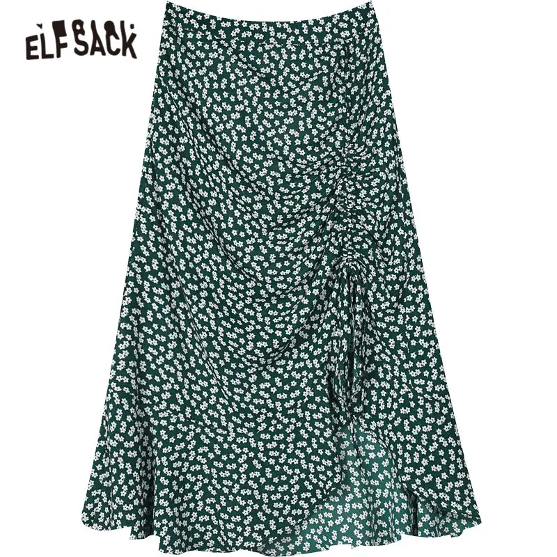 

ELFSACK Green Floral Irregular Hem Casual Women Midi Ruffles Skirt 2020 Summer ELF High Elastic Waist Korean Girly Daily Skirt