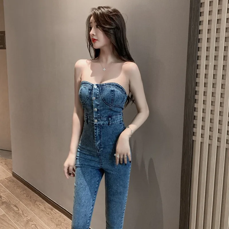 Женский джинсовый комбинезон без бретелек Длинный Облегающий с высокой талией и
