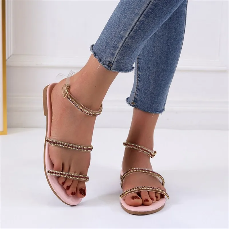

New Women Summer Transparent PVC Narrow Band Rhinestones Sandals Women Bohemia Style Flat Beach Casual Shoes Sandalias Mujer