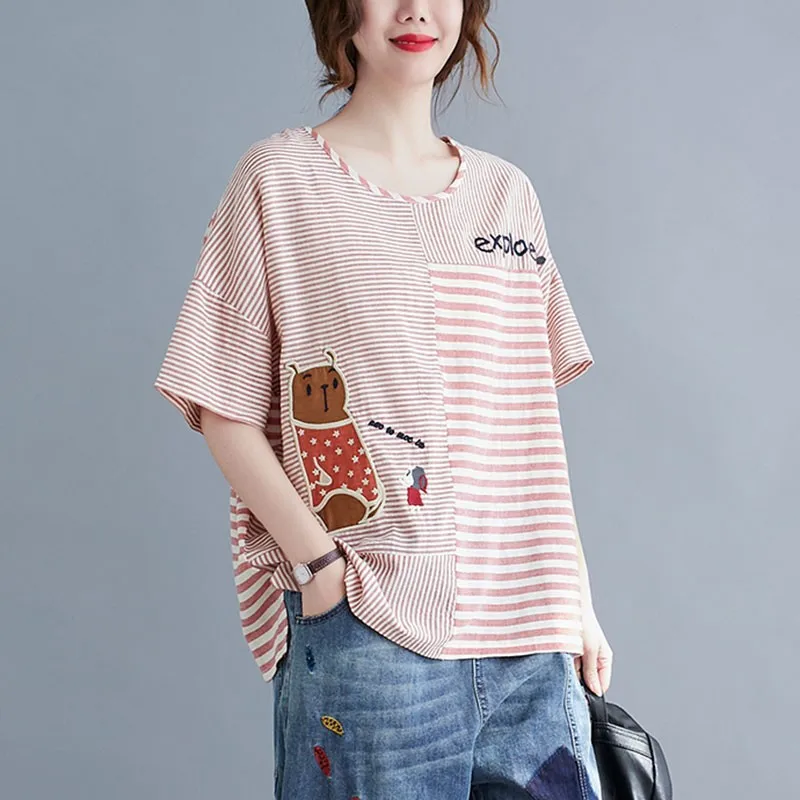 

Women Cotton Linen Casual T-shirts New Arrival 2021 Summer Simple Style Cartoon Embroidery Loose Female striped Tops Tees W151