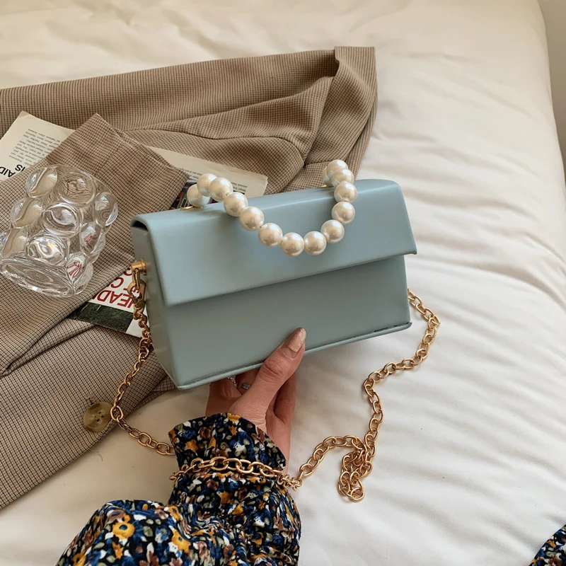 

Beading Strap Totes Fashion PU Leather Chains Crossbody Box Bags for Women 2021 Branded Trendy Shoulder Bag