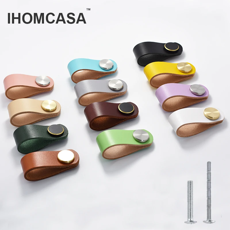 

Nordic Style Leather Cabinet Handles For Furniture Cupboard Wardrobe Kitchen Drawer Knobs Brass Door Pulls Black Italian Cowhide