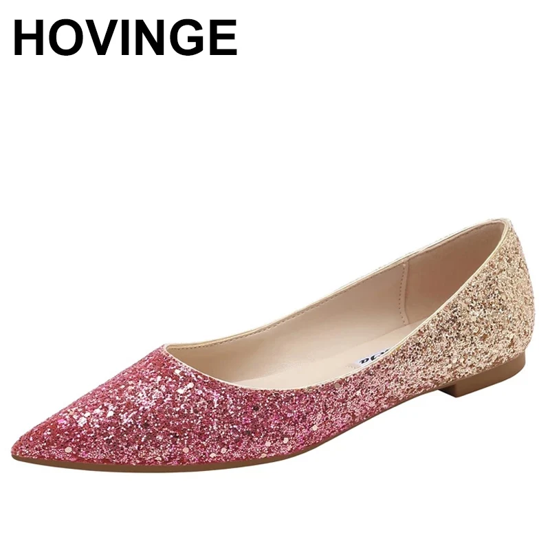 

HOVING Wedding Shoes Flat Heel Sequins Bling Bling Flats Bride Shoes Gold Silver Pointed Toe Slip on Lazy Shoes Plus Large Size