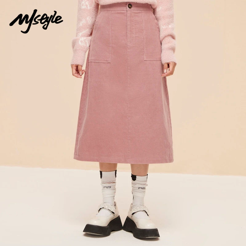 

Зимняя Модная тонкая розовая Вельветовая юбка средней длины до колен с высокой талией в Корейском стиле Mj, модель 821070015 года