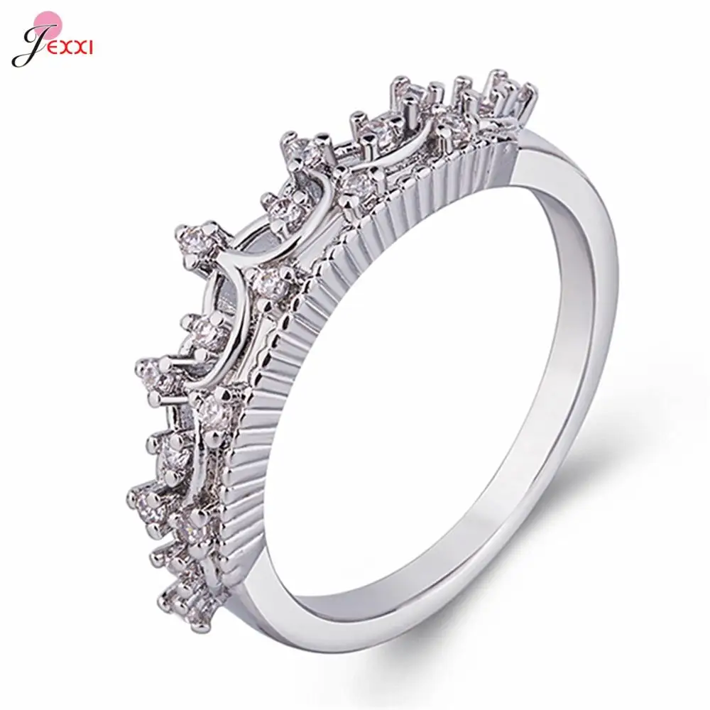 

Elegant Cubic Zircon Crown 925 Sterling Silver Jewelry Women Girls Fashion Party Crystal Rhinestone Finger Rings