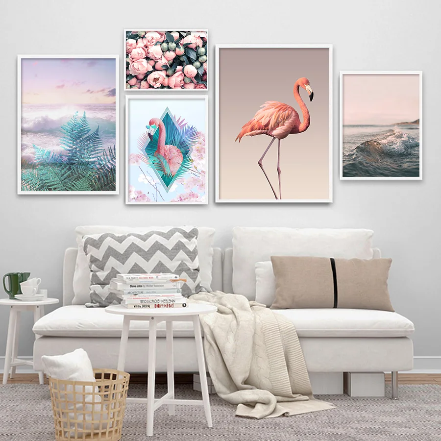 Плакаты с розовыми цветами принты фламинго картина для гостиной художественный