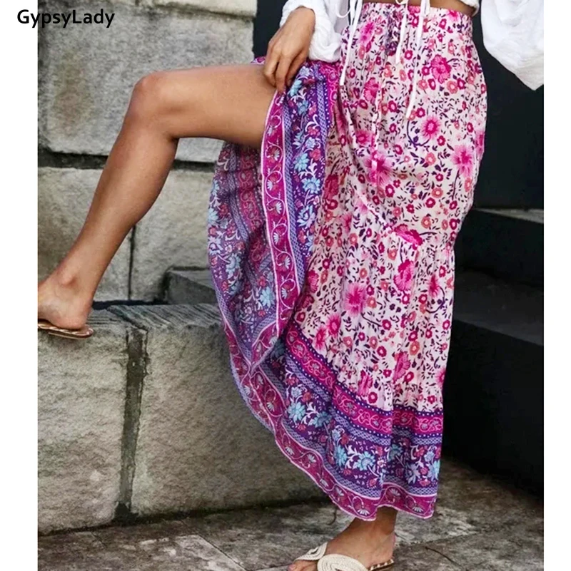 

Винтажная юбка-макси GypsyLady, фиолетовые Цветочные Летние юбки в стиле бохо, женские повседневные Шикарные Длинные юбки с эластичным поясом и ...