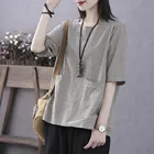 Женская винтажная блузка в полоску Feitong, свободная рубашка с круглым вырезом и короткими рукавами, летний топ, блузка размера плюс