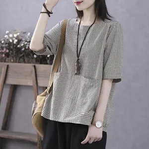 Женская винтажная блузка в полоску Feitong, свободная рубашка с круглым вырезом и короткими рукавами, летний топ, блузка размера плюс