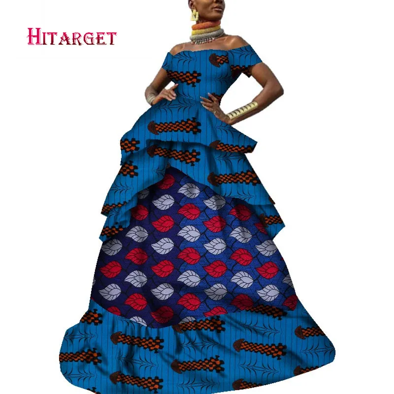 2020 Women African Dress Africa Wax Print Bazin Riche Sexy Off Shoulder Short Sleeves Wedding Party Floor-length Dress WY6153