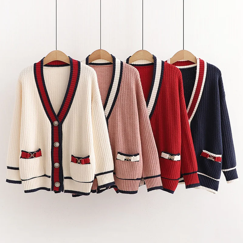 

Women Knit Cardigan Sweater V Neck Patchwork Cardigans Loose Sweaters Warm Knitwear Single Breasted Pocket 2021 Autumn Winter