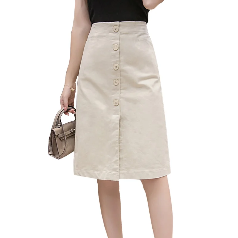 

Shintimes Faldas Mujer Moda 2021 Summer Knee Length Pencil Skirts Women Button High Waist Black White Split Vintage School Skirt
