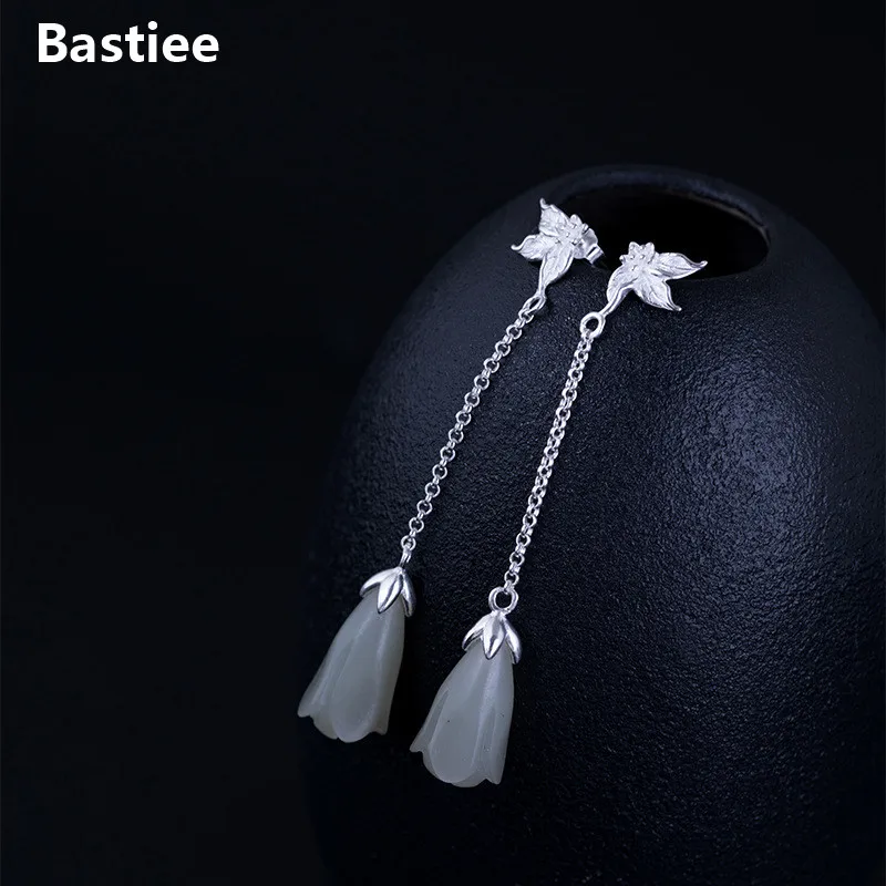 

Bastiee Jade Drop Earrings 925 Sterling Silver Jewelry For Women Elegant Magnolia Flower Earings Handmade Luxury Gifts