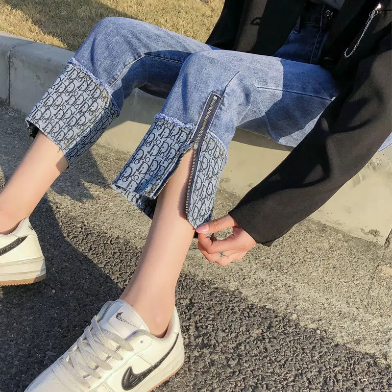 

Straight split jeans women's large pipe pants