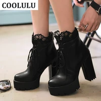 coolulu women lace block heel ankle boots platform lace up combat boots lace cute ankle booties winter high heels shoes
