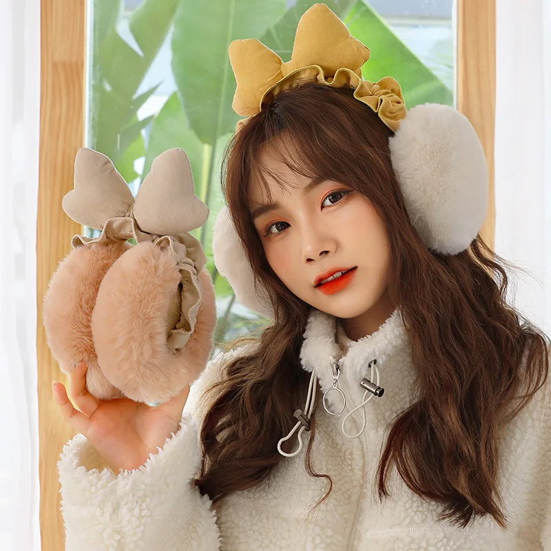 

2021 Winter New Plush Ladies Folding Earmuffs Fashion Cute Student Bow Warm Comfortable Ear Warmer Ear Protection Ear Bag