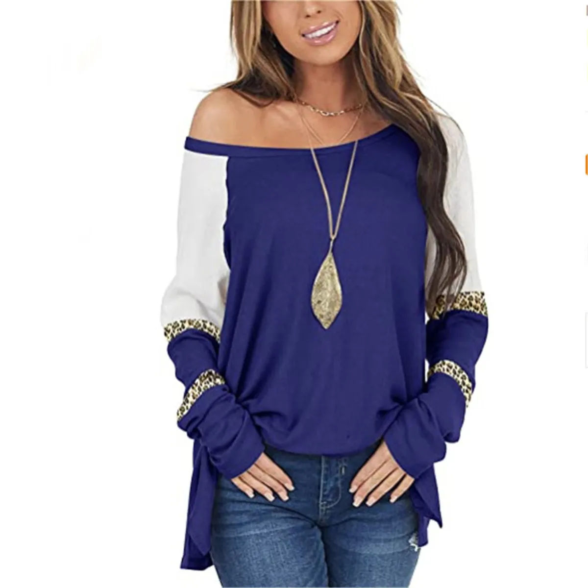 

New Leopard Print Multicolor Stitching Loose Long Sleeve T-Shirt Top For Women Autumn Casual Slash-Neck Tee Ladies Fashion Tops