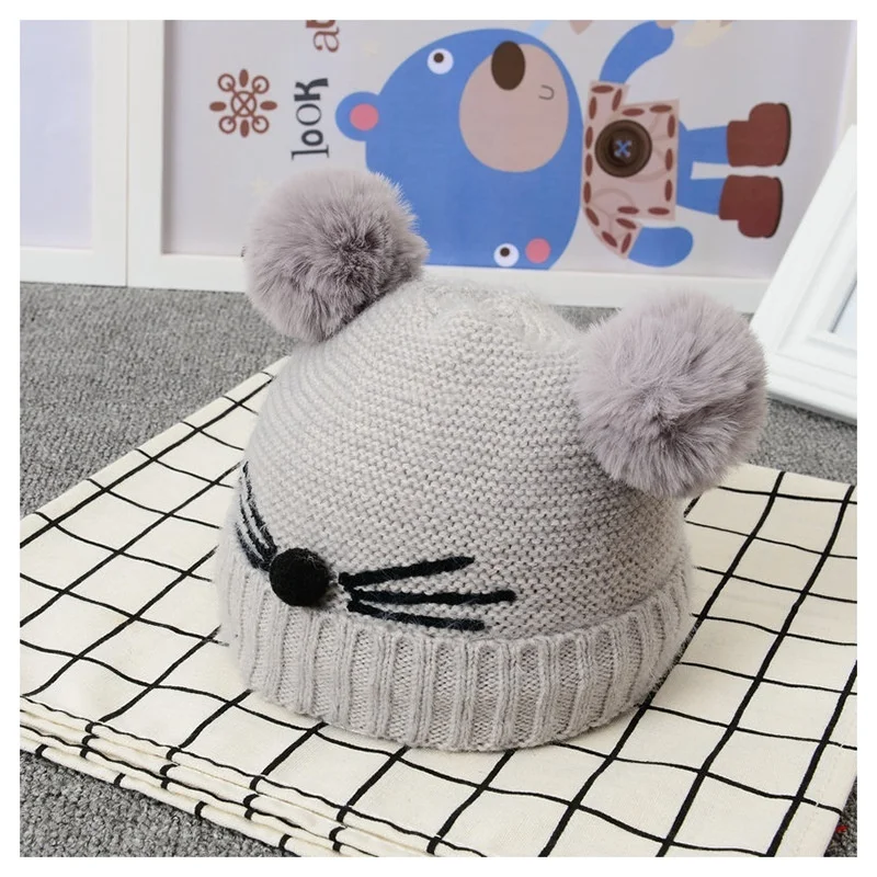 Baby Beanies Double Ball Wool Cartoon Pompom Hat Children Winter Knitted Hats Cute Cap for Girls Boys Thick Kids Beanies