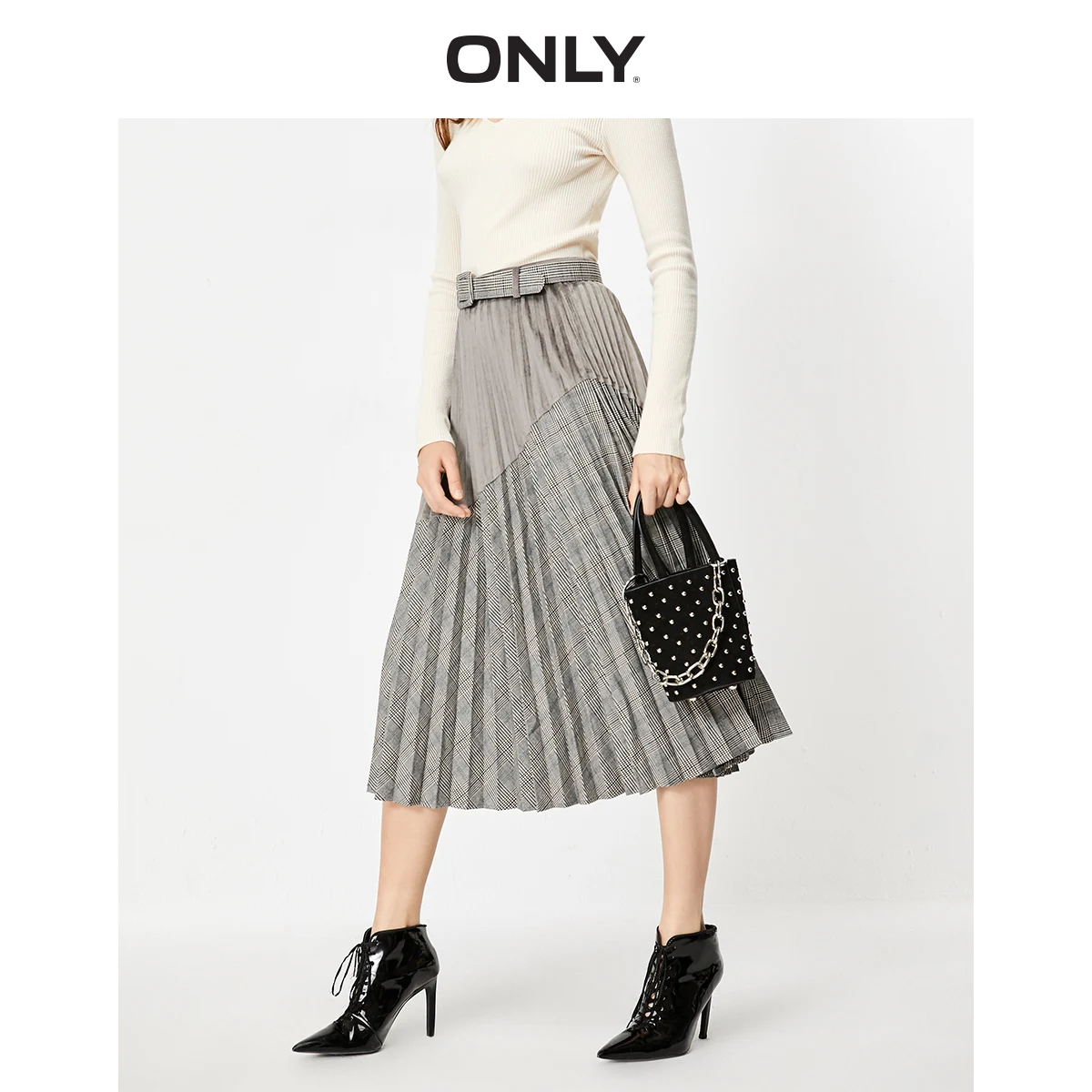 

ONLY Women's High-rise Checked Splice Pleated Skirt | 119316515