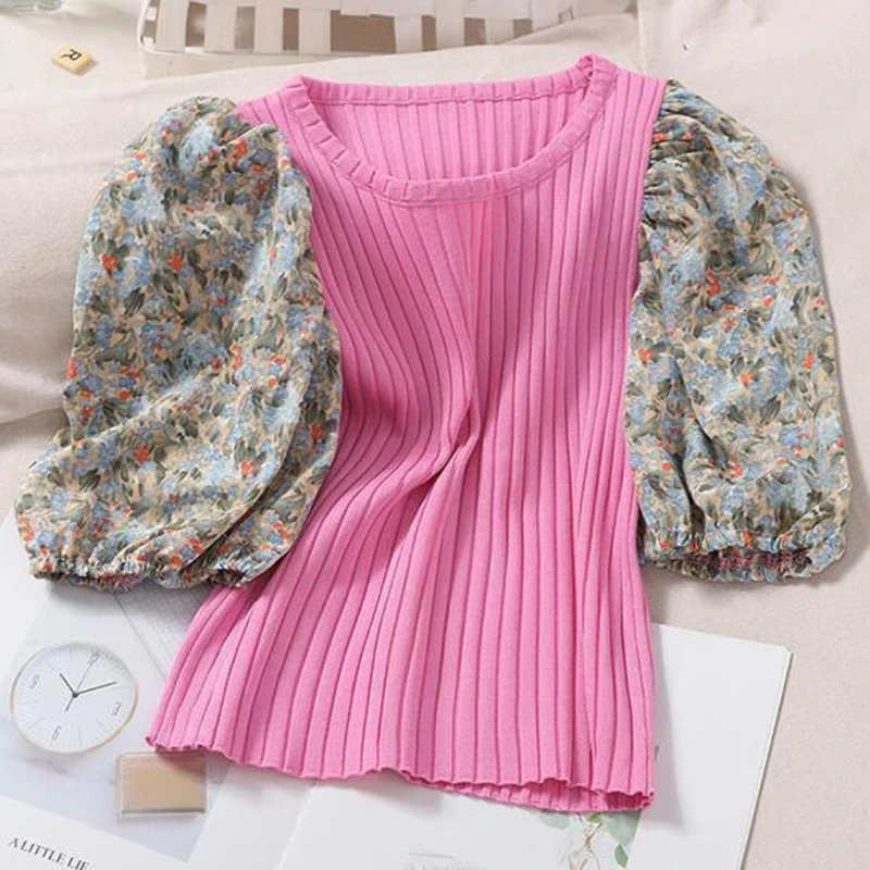 

Print Puff Sleeve Short Knit Slim Knitted Tops Women Vintage Short Sleeve Knitwear T-Shirt Korean Style Summer One Size Pullover