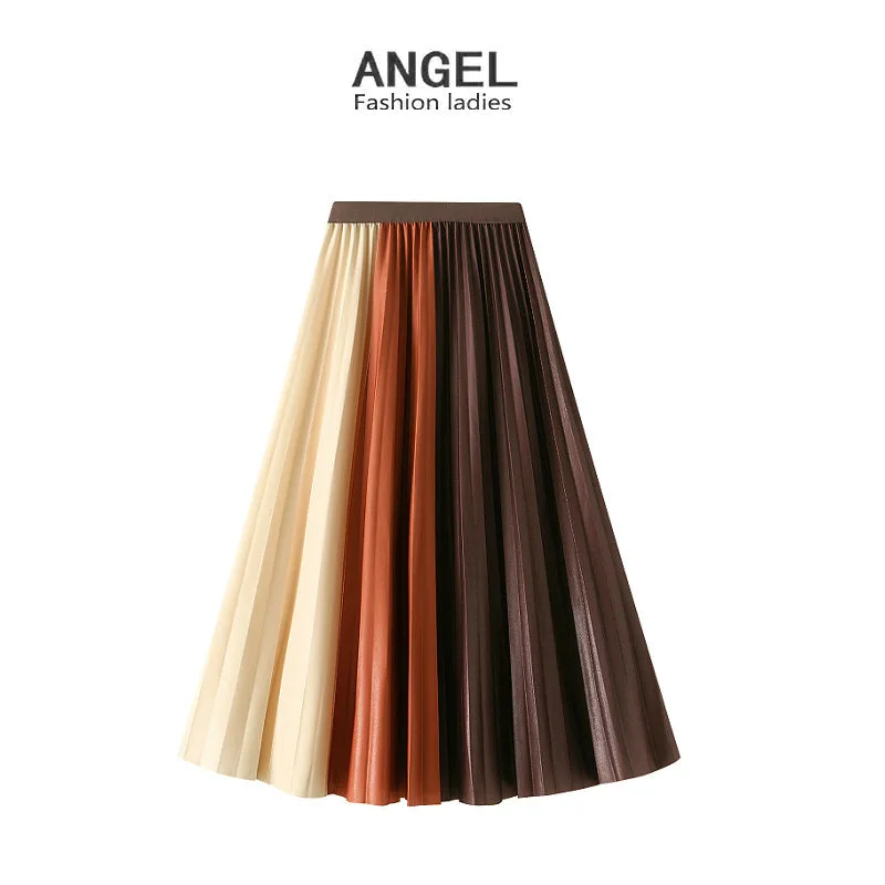 

Spring Autumn Fashion Women Skirt 2021 Elastic High Waist Solid Elegant patchwork Pleated Skirts Ladies long Skirt