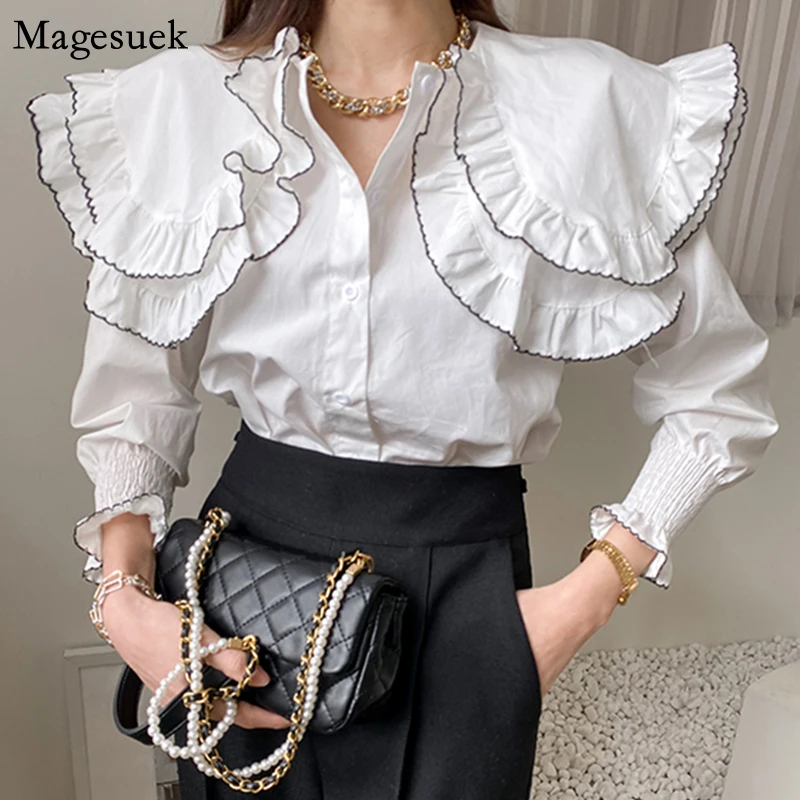 

Женская однотонная хлопковая рубашка, белая блузка с длинным рукавом и воротником «Питер Пэн», в Корейском стиле, осень 2021