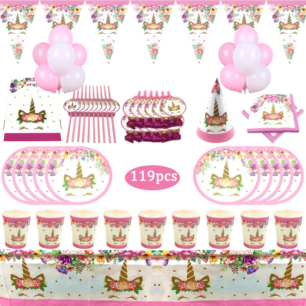 

119pcs Unicorn Theme Kids Birthday Party Decoration Disposable Tableware Set Peper Cup Plate Baby Shower Wedding Gift Supplies