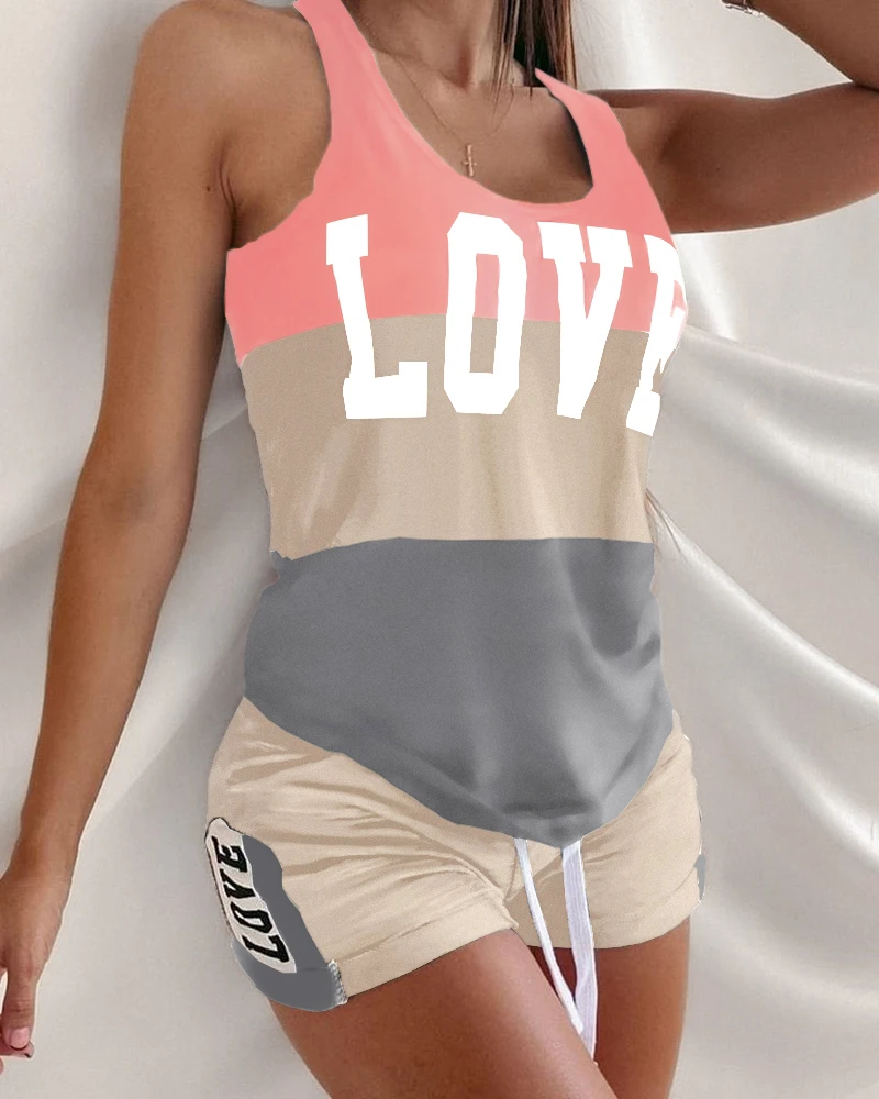 

Love Letter Printed Vintage Casual Women Sets Sleeveless Pullover Top Biker Shorts Sexy Home Wear Streetwear Nightwear Summer