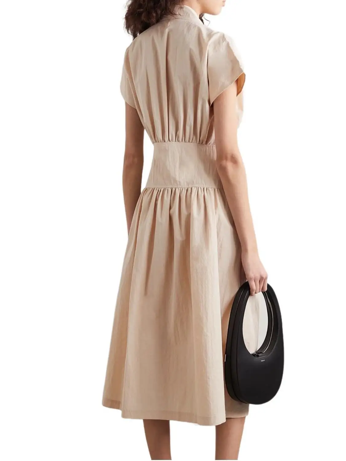 

Fashion Solid Turn-down Collar Shirt Dress New Hot Sale Brand Quality Slim Pleated Dress Women Short Sleeve Summer Long Dress