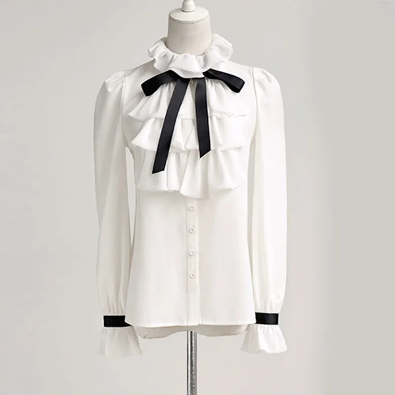 

Blouse Women Tops Spring Autumn Style Ruffles Slim Lotus Leaf Long Sleeve Bow OL Office Ladies Casual Shirts TA10170