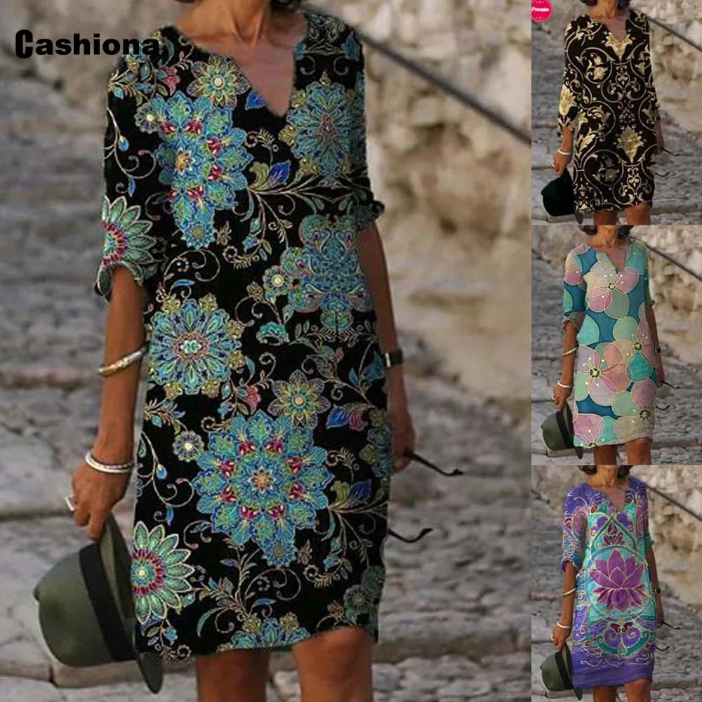 

Cashiona Women Short Dress V-neck Half Sleeve Bohemian Flower Print Dresses Vintage 2021 Summer Casual Loose A-Line Dress Femme