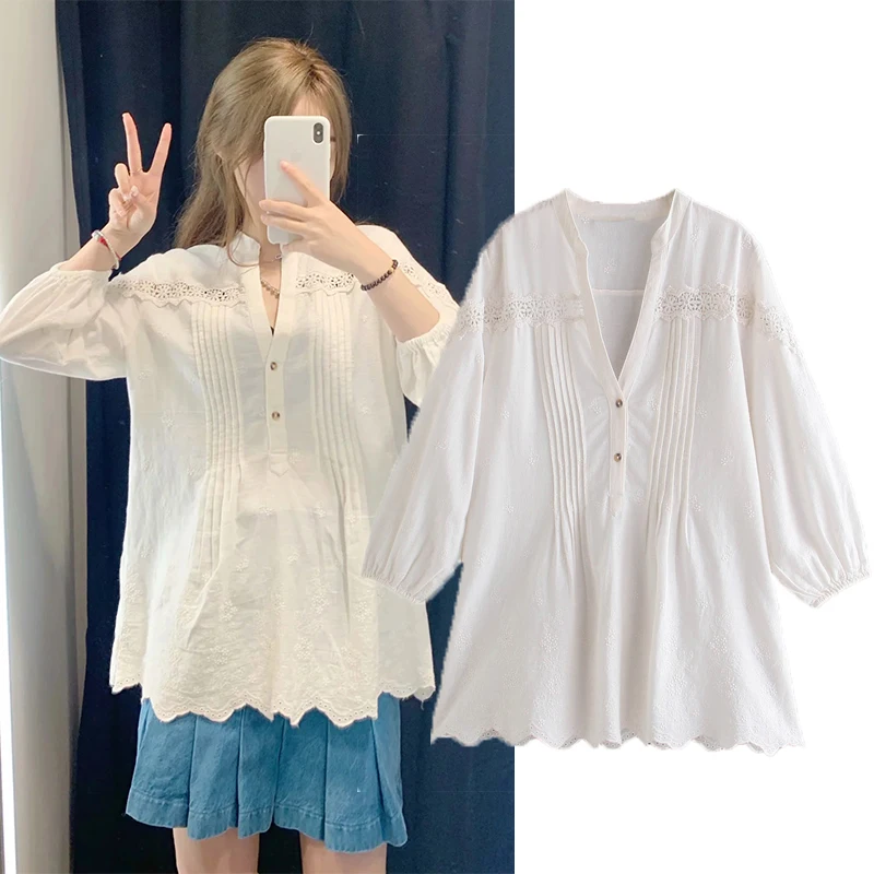 

Wesay Jesi 2021 Spring New Ladies Casual Long-Sleeved V-Neck Shirt With Two Buttons Loose Fashion Sweet Fresh Daily Chic Top