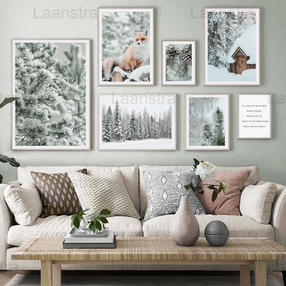 

Snow Forest Home Decoration Painting Pine Tree Pine Cone Wooden House Living Room Wall Canvas Poster Fox Bedroom Print Picture