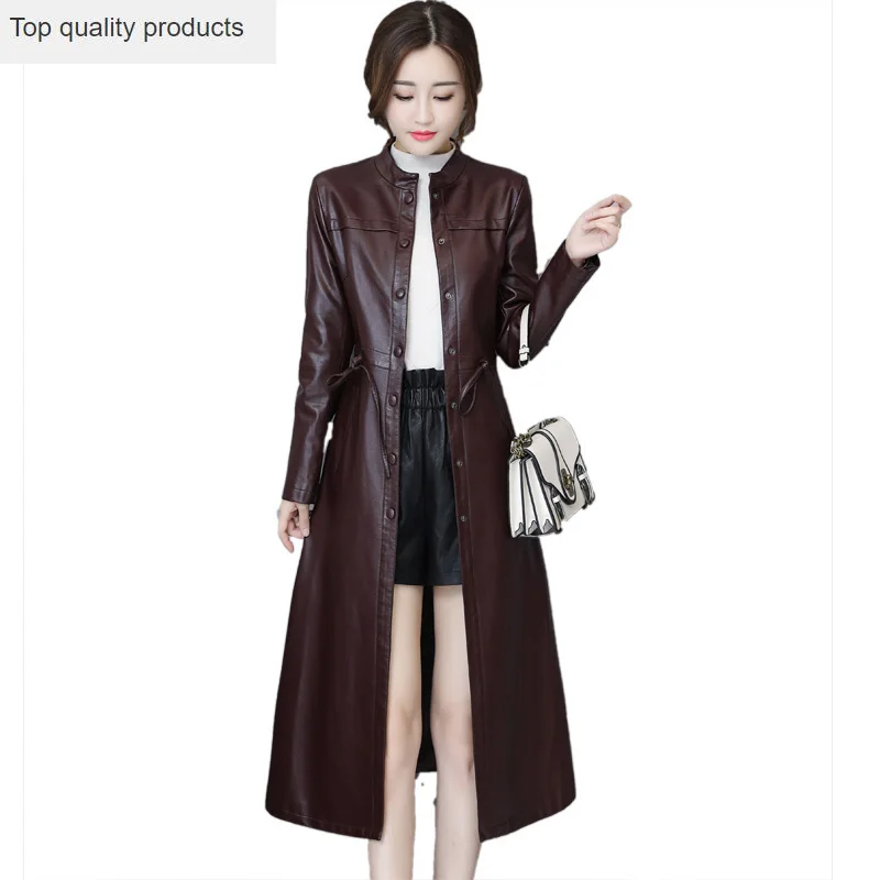 Женская куртка из искусственной кожи 2020 тонкий длинный Тренч женский осенний