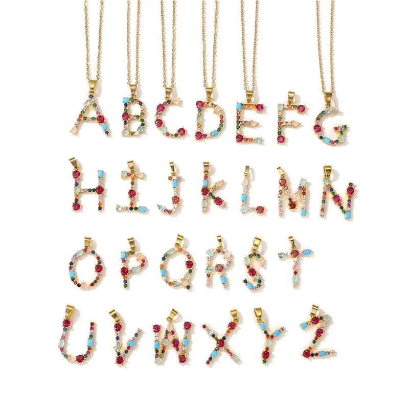 

A-Z Capital Letter Pendant Colorful Rhinestone Inlaid Women Necklace Jewelry Trendy Necklace Clavicle Chain Charm Jewelry